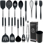 Silicone Kitchen Tools - Non - Stick, Anti - Slip, High - Temperature Resistant, Scald - Proof 14 - Piece Set with Stainless Steel Tube Handles & a Storage Bucket (Gray)