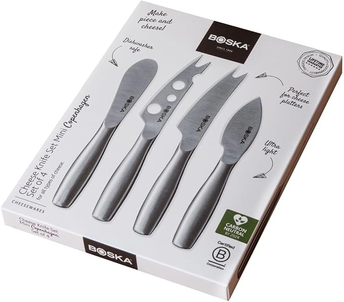 BOSKA Stainless Steel Cheese 4 Knife Set - Mini Copenhagen Knives For All Types of Cheese - Silver Non-Stick - Dishwasher Safe - For Kitchen Cooking
