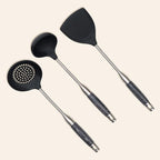 FJNATINH Silicone Wok Spatula,Ladle,Skimmer Tool Set - Stainless Steel Wok Tools, Wok Utensil,Non Stick Heat-Resistant Cooking Utensils BPA Free Kitchen Utensils Cookware (Black Stainless Steel-3PCS)