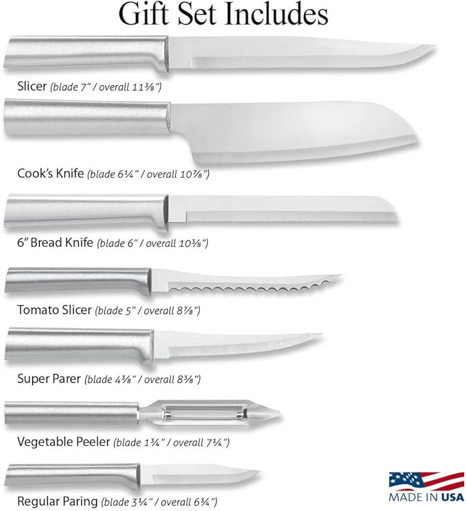 Rada Cutlery 7-piece Starter Knife Gift Set (S38), Stainless Steel Hollow Ground Blades, Made in USA, Silver Handles