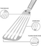 KSENDALO Flexible Fish Spatula Stainless Steel -Slotted Thin Egg Flipper with Riveted Handle, Angled Blade & Hollow Grip, Metal Turner for Cooking Fish Egg Pancakes (1 pack)