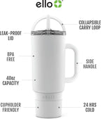 Ello Port 40oz Tumbler with Carry Loop & Integrated Handle, Vacuum Insulated Stainless Steel Reusable Water Bottle, Travel Mug with Leak Proof Lid & Straw, Perfect for Iced Coffee & Tea, White