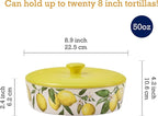 Bico Lemon Dreams Ceramic Tortilla Warmer, 8.9 Inch Tortilla Holder with Lid for Taco Bread Pancake for Mexican Night and Party, Microwave and Dishwasher Safe