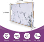 Gifturbo White Serving Tray, Marble Serving Trays with Handles,Rectangular Coffee Table Ottoman Tray Decorative Plastic Tray with Gold Rim for Living Room, Bathroom,Decor,15.7 x 10.2 x1.37 inches
