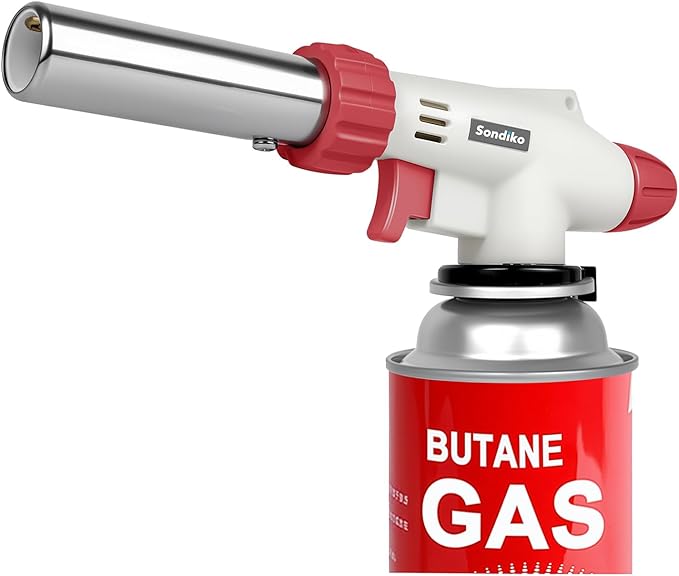 Sondiko Dual Flame Mode Butane Torch Lighter Head, Professional Culinary Torch with Adjustable Flame, Reverse Use for BBQ, Soldering, Red and White, Fuel Not Included.