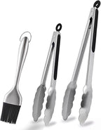 Stainless Steel Kitchen Tongs & Basting Brush Set – Heat Resistant Up to 600°F, Metal Locking Tongs for Cooking, Grilling, Baking & Barbeque (Silver, 9+12 inch)