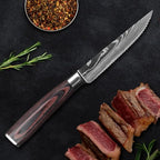 Majesty Series Professional Steak Knife Set with Damascus Pattern - Razor Sharp Serrated Stainless Steel with Wooden Handle (Set of 6 Steak Knives)