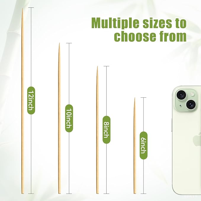 200PCS 10 inch Bamboo Skewers for BBQ,Appetizer,Fruit,Cocktail,Kabob,Chocolate Fountain,Grilling,Kitchen, Crafting and Party. More Size Choices 6"/8"/10"/12"/36"