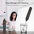 Rechargeable Milk Frother by ELMWAY, 3 Speed Electric Milk Frother Handled with Wand and Egg Whisk Attachments, for Coffee, Matcha and Protein Powder (Black without Stand)