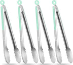 Tongs for Cooking, 12-Inch Stainless Steel Kitchen Tongs, Locking Metal Food with Silicone Non-Slip Grip, Kitchen Utensils for Food, Salad and Outdoor BBQ, Set of 4 (Mint Green)