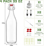 4 Pack [1 Liter / 33 fl. oz.] Swing Top Glass Bottles – Airtight Flip Top Brewing Bottles for Kombucha, Beer, Wine, Kefir, Soda, Liquor – Includes Funnel, 2 Pourers, 6 Seals, 8 Labels & Jute Twine