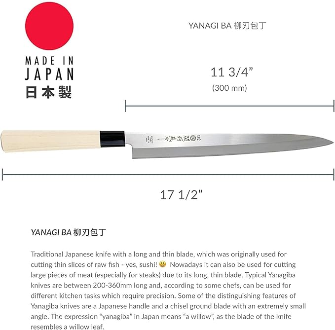 JapanBargain 1560, Extra Long Sushi Sashimi Knife Japaneses High Carbon Stainless Steel Sushi Chef Yanagiba Knife, Made in Japan, 11.75 inch Long