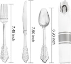 Liacere 400PCS Silver Plastic Silverware - Pre Rolled Napkins Disposable Silver Cutlery-Premium Quality Gold Plastic Utensils - Includes 100Forks,100Knives,100Spoons,100Napkins&Christmas