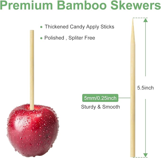 Bamboo Candy Apple Skewer Sticks Semi Pointed, 5mm 5.5inch Cotton Rock Candy Caramel Lollipop Sticks, Natural Wooden BBQ Barbecue Skewer for Corn Dog 50 PCS
