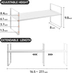16.5-27’’L Expandable Cabinet Shelf Organizers, Stackable Metal Shelves Extender for Kitchen Countertop Storage, Adjustable Spices Shelves Rack Stand for Cupboard Pantry, White