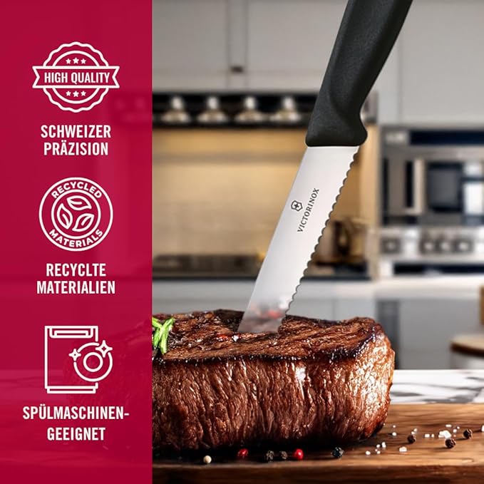 Victorinox 6.7233.6 Swiss Classic Steak Knife Set Ideal for Slicing a Wide Variety of Steak Cuts Serrated Blade in Black, Set of 6