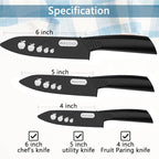 WACOOL Ceramic Knife Set with Sheaths, include 3-Piece: 6-inch Chef's Knife, 5-inch Utility Knife, 4-inch Fruit Paring Knife (Black Handle)