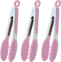 Small Serving Tongs with Silicone Tips 7-Inch Mini Tongs, Set of 3 (Pink)
