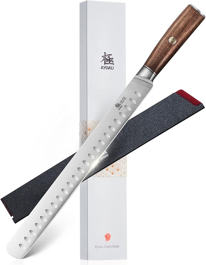 KYOKU 12" Slicing Knife, Daimyo Series Brisket Knife for Meat Cutting with Rosewood Handle, Japanese 440C Stainless Steel Meat Carving Knife for BBQ Brisket Turkey Ham Rib Roast with Sheath and Case