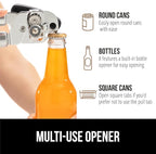 GORILLA GRIP Heavy Duty Stainless Steel Smooth Edge Manual Can Opener and Bottle Openers, Soft Comfortable Handle, Oversized Handheld Turn Knob, US Designed Multifunctional Kitchen Tool, Black