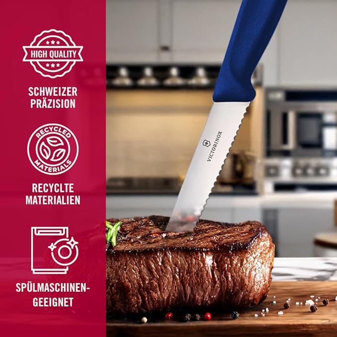 Victorinox 6.7232.6 Swiss Classic Steak Knife Set Ideal for Slicing a Wide Variety of Steak Cuts Wavy Edge Blade in Blue, Set of 6