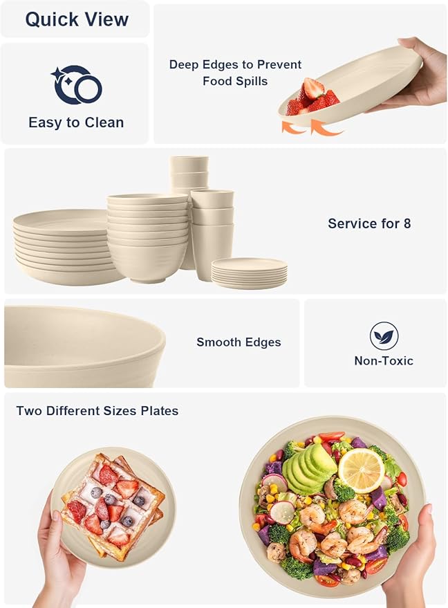 Homienly 32 PCS KItchen Wheat Straw Dinnerware Sets for 8, Reusable Plates and Bowls Sets, Dishes Set for 8, Alternative to Plastic Dish Set for Camping, PIcnic, Microwave and Dishwasher Safe - Beige