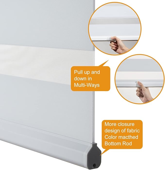 Persilux Zebra Blinds for Windows, Cordless Roller Blinds (34.5" W x 72" H, White) Light Filtering Sheer Window Treatments, Light Control for Day and Night, Room Darkening Roller Shades for Windows