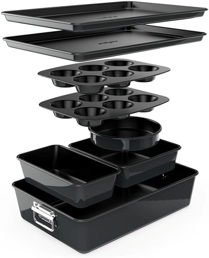 NutriChef 8-Piece Stackable Nonstick Bakeware Set - Premium Steel Baking Pans Set - Includes Round Cake Pan, 6-Cup Muffin Pans, Wide/Square Brownie & Loaf Pans, Cookie Sheet, & Roaster Pan (Black)