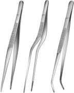 8-Inch Kitchen Tweezers Tongs Stainless Steel Kitchen Tweezers for Cooking Chef Tweezer Professional Skinny Culinary Tongs for Pasta Food Plating BBQ (3PCS)