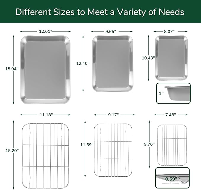 18/0 Stainless Steel Baking Sheet with Cooling Rack, Oven-Safe Non-Toxic Cookie Sheets for Baking, Set of 6, Coating Free & Rust Resistant for Healthy Family Baking, Easy to Clean, Heavy-Duty