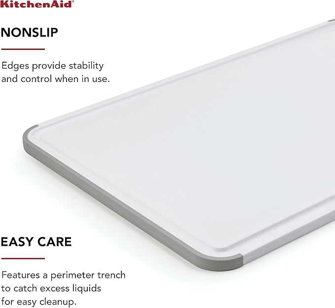 KitchenAid Classic Plastic Cutting Board with Perimeter Trench and Non Slip Edges, Dishwasher Safe, 12 inch x 18 inch, White and Gray