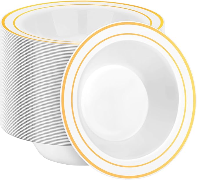 100 Pack Disposable Soup Bowls with Gold Rim, 12oz Premium Heavy Duty Plastic Dinner Bowls for Party, Wedding and Holiday