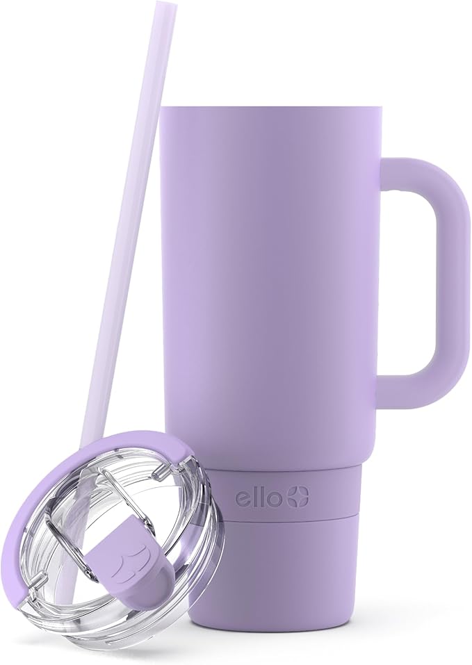 Ello Port 40oz Tumbler with Carry Loop & Integrated Handle, Vacuum Insulated Stainless Steel Reusable Water Bottle, Travel Mug with Leak Proof Lid & Straw, Perfect for Iced Coffee & Tea, Lilac