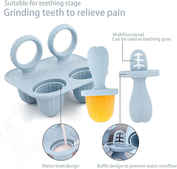 Silicone Baby Ice Pop Molds with Easy-Grip Handles, 4-Cavity Frozen Treat Tray for Toddlers, Mini Popsicle Maker for Teething Relief, Fruit Puree & Breastmilk Snacks (Dust Blue)