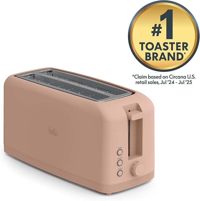 bella 4 Slice Slim Toaster, Fits-anywhere™ Kitchenware, 6 Setting Shade Control with Reheat & Cancel Buttons, Fits Sourdough, 10” Long Slot, Anti Jam & Auto Shutoff, 900 Watt, Blossom