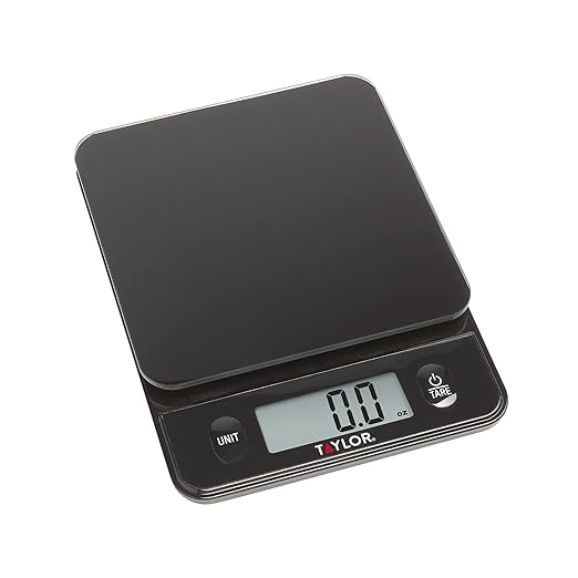 Taylor Glass Top Food Scale with Touch Controls, 11 lb Capacity, Sleek Black Design for Precision Food Measurement in Grams and Ounces