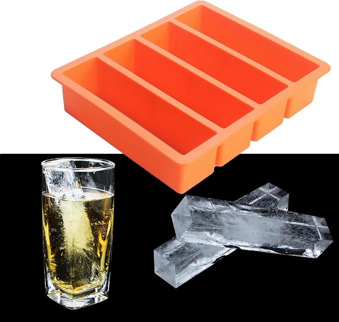 Large and Long Ice Cube Tray 4 Pack Silicone Freezing Container Sticks with Lid for Whiskey, Water Bottle, Food Leftovers and Baking(Orange)