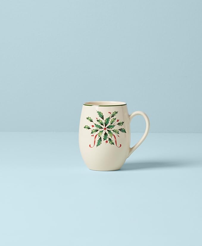 Lenox Coffee Mug, 18 Oz Holiday Cocoa Mug Set, Stoneware Material, Microwave and Dishwasher Safe, Christmas Holly Drinkware Set, Christmas Decorations, Holly Design (Red/Green, 18 Oz, 1 Piece)