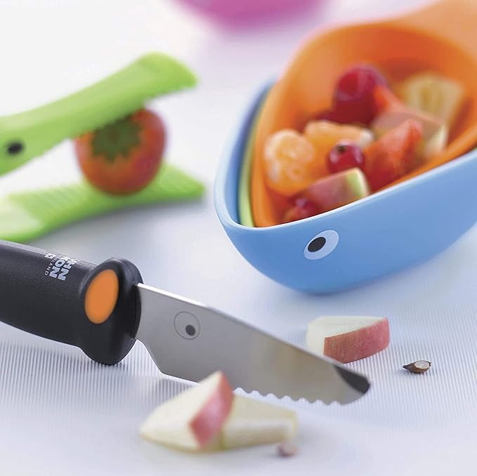 Kuhn Rikon Kinderkitchen® Kids Chef Knife, Serrated, 6", Black | Cutting Tool Made for Real Cooking | Child Friendly Dog Design With Hand Guard For Safety