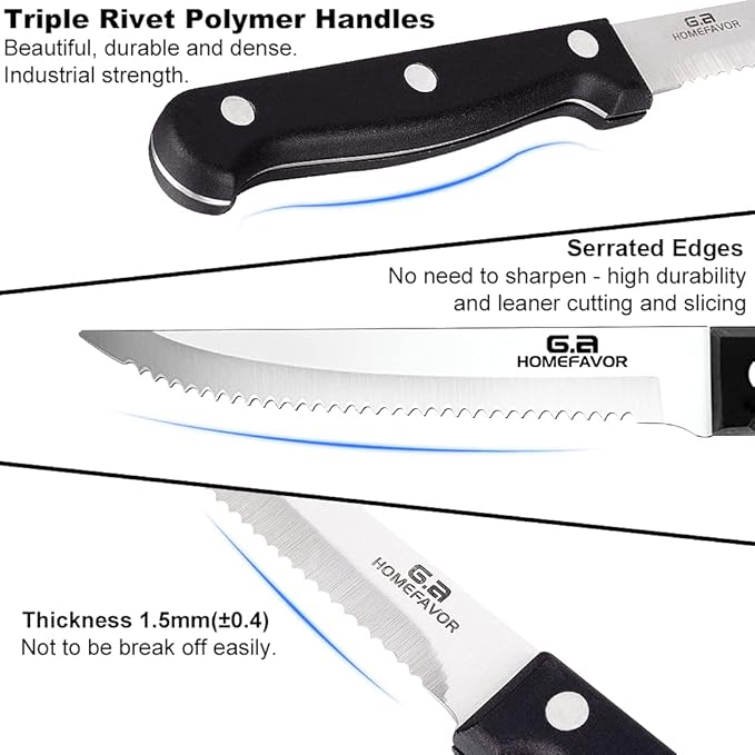 G.a HOMEFAVOR Steak Knife Set Stainless Steel, 8 Pieces Full Tang Sharp Serrated Knives Cutlery Set, Black