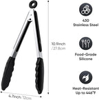 9 Inch Kitchen Tongs, Cooking Tongs with Silicone Tips and Stainless Steel Handle, Non Stick Heat Resistant Tongs for Cooking, Buffet, Salad Serving (9", Black)