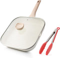 Kordisen Nonstick Grilling Pan with Lid for Stove Tops, 11 Inch Square Grill Pan for Indoor Cooking, Healthy Coating Grill Skillet with Pour Spouts, Versatile Griddle, Induction Steak Pan, White