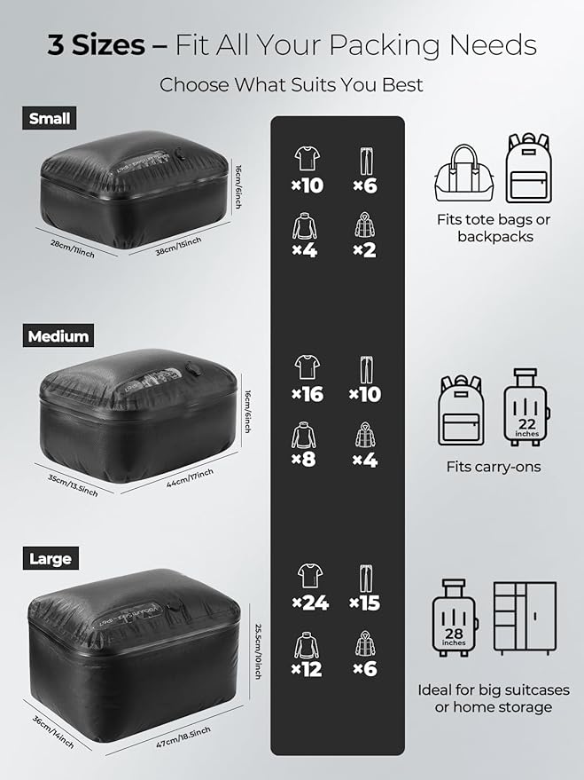 Vacuum Bags for Travel with Wireless Pump, 180° Open Zipper, IP67 Waterproof, Reusable Space Saver Compression Bags for Backpack, Suitcase, Home Storage(1 Pack)