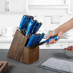 SENKEN 16-Piece Kitchen Knife Block Set - Japanese Chef's Knife Set with Laser Damascus Pattern, Includes 6 Steak Knives and Smoothly-Finished Acacia Hardwood Knife Block (Blue Resin Handles)