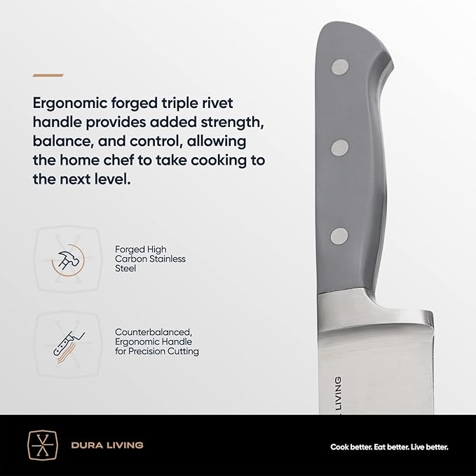 DURA LIVING 7-Inch Santoku Knife - Razor-Sharp High-Carbon Stainless Steel Blade, Forged Ergonomic Riveted Handle, Chef Knife for Chopping, Slicing & Dicing, Multipurpose Kitchen Knife, Home Chef