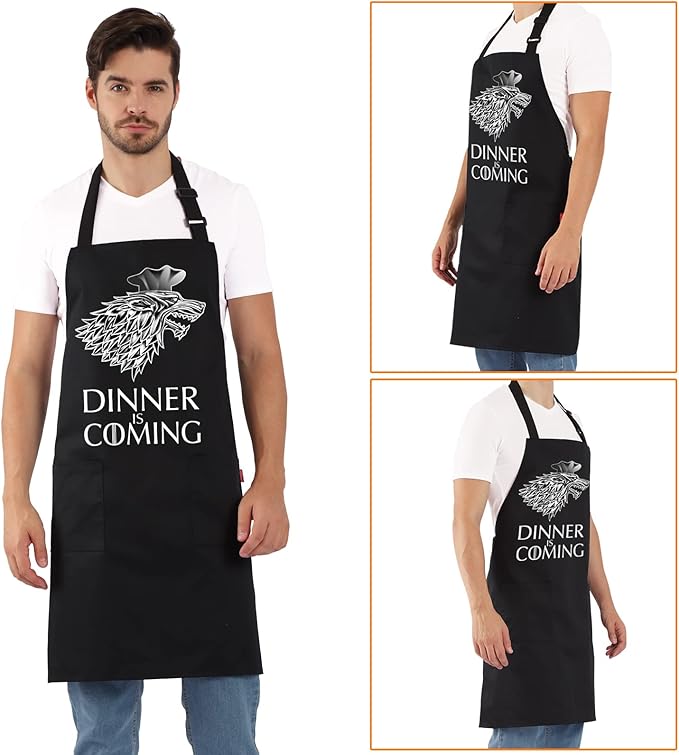 Grill Aprons for Men Women, Dinner is Coming Kitchen Chef Apron with 2 Pockets and 40" Long Ties, Adjustable Bib Apron for Cooking, BBQ, Baking, Gardening, Black
