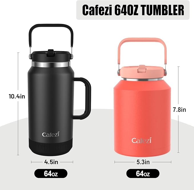64oz Half Gallon Insulated Water Jug with Flip Straw & Silicone-Grip Handle - Leak-Proof, Sweat-Free, BPA-Free, Iced for 34 Hours, Wide Mouth, Dishwasher Safe, Anti-Slip Base