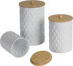 Kitchen Canister Set of 3 Tea Coffee Sugar Containers with Airtight Bamboo Lids Food Flour Storage for Countertop Metal White Diamond Pattern Embossed Farmhouse Decor