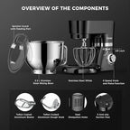 Stand Mixer, POWWA 6.5 Quart Electric Mixer, 6+1 Speed 660W Tilt-Head Kitchen Food Mixers with Whisk, Dough Hook, Mixing Beater & Splash Guard for Baking, Cake, Cookie, Kneading, ETL Certified (Black)