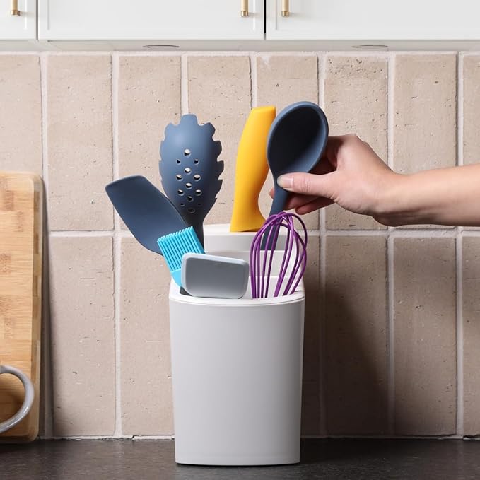Angled Utensil Holder for Countertop | Space-Saving Kitchen Organizer for Large & Small Utensils with Knife Holder | Cooking Utensil Caddy with Spoon Rest | Kitchen Essentials Under Cabinet Organizer